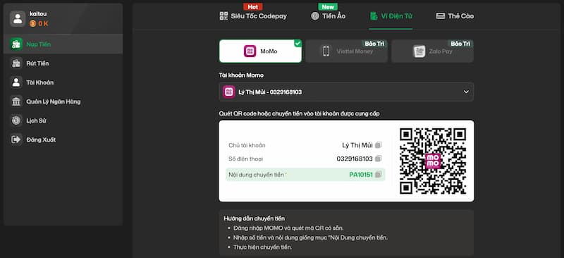 Gửi tiền ví game qua ví điện tử Momo