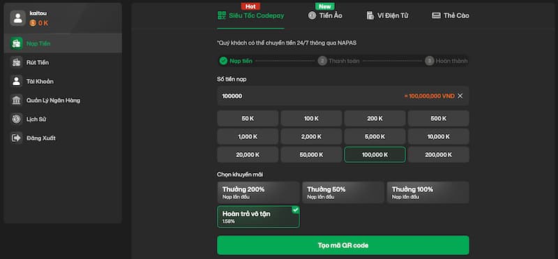  gửi tiền Vic88 qua siêu tốc Codepay